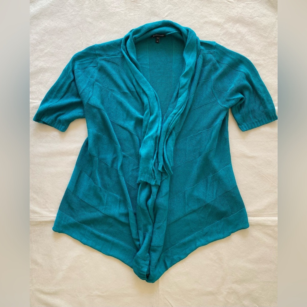 Eileen Fisher Teal Linen Silk Knit Layered Cardigan Women’s XL - Picture 4 of 6